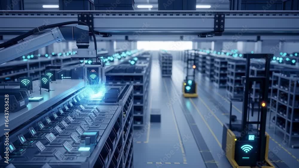 Poster Automated inventory system with RFID tags and IoT devices tracking parts in modern warehouse setting.