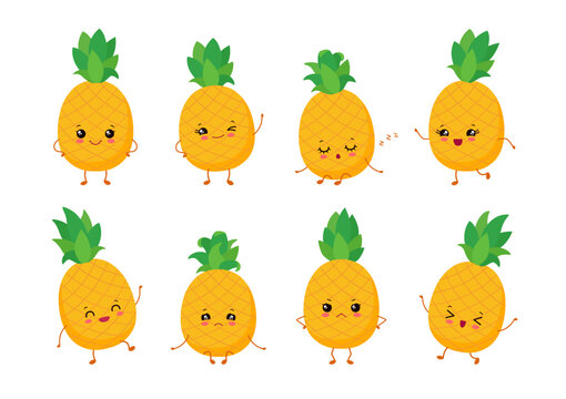 Cute kawaii pineapple character. Fruit emoji set vector illustration. Happy smile, laughing, angry, sad, winking, sleeping, dancing emoticons. Cartoon anime face - eyes, mouth, funny arms and legs.