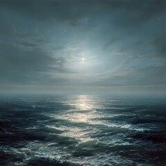 Fototapeta premium Serene Ocean Waves Under a Mystical Moonlit Sky at Dusk