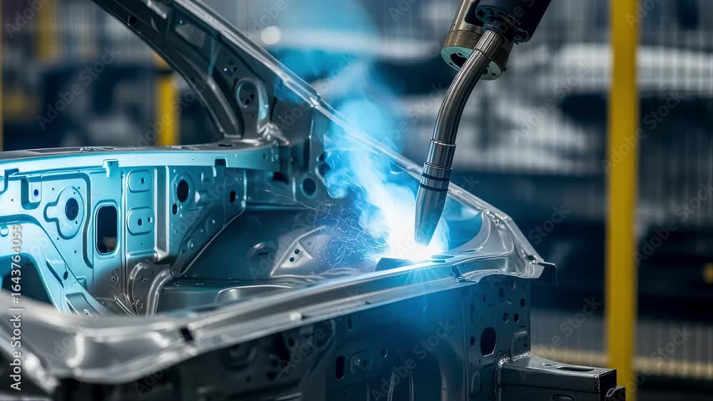 Poster close view of robotic welding torch fusing metal in automobile fabrication plant.
