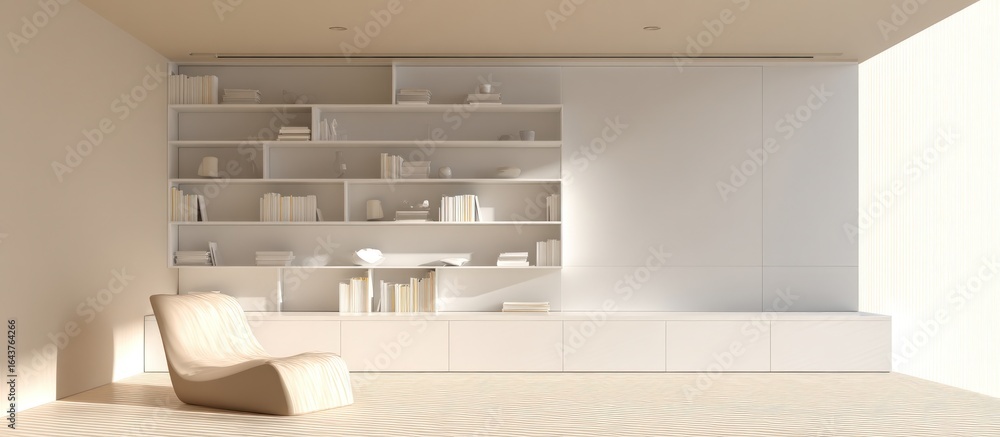 Poster a minimalist interior featuring a white chair and a built in bookshelf with white books and objects