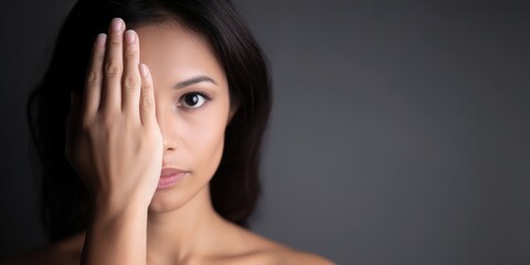 Fototapeta premium Asian woman covering half her face with hand, showcasing a serene expression, against a dark background, emphasizing beauty and mystery in portrait photography