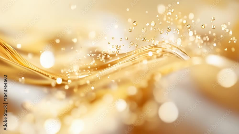 Poster abstract golden liquid waves with floating bubbles on a soft light background