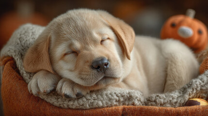 Cute puppy sleeps peacefully in cozy bed with small pumpkin nearby, creating warm and festive Halloween atmosphere