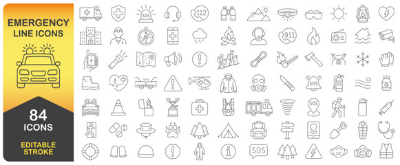 Emergency Editable Stroke Line Icon Set. Simple Minimal Thin Emergency Line Icons Collection. Includes SOS, Safety, Alarm, Ambulance, Hospital, and Warning Symbols. Isolated Vector Illustration Image