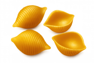 Conchiglie pasta shells spinning dynamically, highlighting culinary texture and movement on clean transparent surface