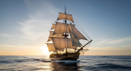 Majestic Galleon Sailing at Sunset: A Nostalgic Voyage Through Time and Adventure on the Open Sea, evoking a sense of wonder. 