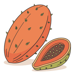 Illustration of prickly pear fruits, one whole and one cut in half