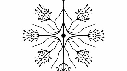 A symmetrical abstract design featuring branching lines and a central dot with floral elements around it