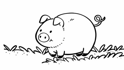 A cartoon pig standing in grass with a curly tail in black and white line drawing illustration