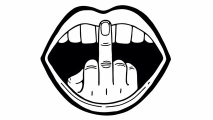 Open mouth with teeth and a finger placed vertically in front of the mouth in black and white art