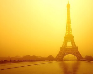 Golden Hour Eiffel Tower in Hazy Parisian Sunrise