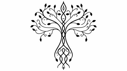 Stylized tree with intricate branches and leaf details in a symmetrical black and white design art