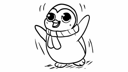 A cheerful penguin with a scarf waving its wings and standing on the ground in a black and white drawing