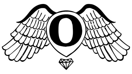 Letter o in a shield with wings and a diamond beneath it in a black and white illustration style