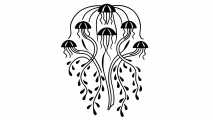Stylized jellyfish arrangement with trailing vines in black and white graphic design style
