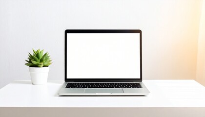 Laptop on white desk with plant