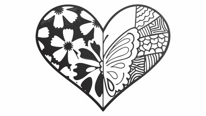 Heart shape divided with floral, butterfly wing and abstract pattern in black and white illustration