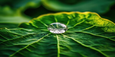 Water Droplet on Leaf Surface with Natural Green Background