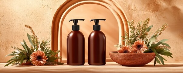 Elegant Brown Bottles with Natural Decor on Warm Background