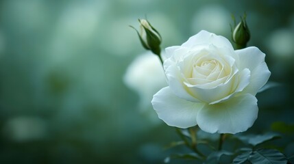 White Rose Blossom Surrounded by Buds in Soft Focus Background