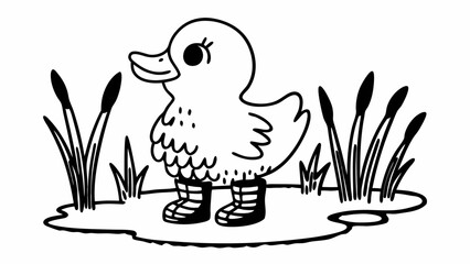 A cartoon duck wearing boots standing in a puddle surrounded by reeds and grass in black and white