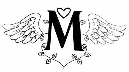 Letter m with heart and angel wings and leaves in black and white line drawing illustration art