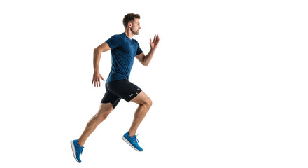 Fototapeta premium Fit caucasian man, 30s, in navy t-shirt, black shorts, jogging mid-stride with intense focus against bright white studio, high-angle shot, concept of peak physical performance