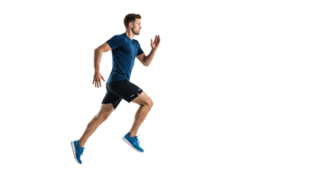 Fit caucasian man, 30s, in navy t-shirt, black shorts, jogging mid-stride with intense focus against bright white studio, high-angle shot, concept of peak physical performance