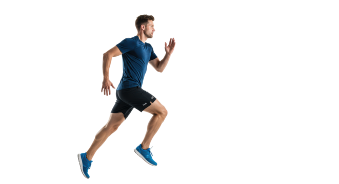 Fit caucasian man, 30s, in navy t-shirt, black shorts, jogging mid-stride with intense focus against bright white studio, high-angle shot, concept of peak physical performance