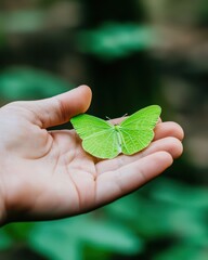 Delicate green butterfly resting gently on an open hand in nature