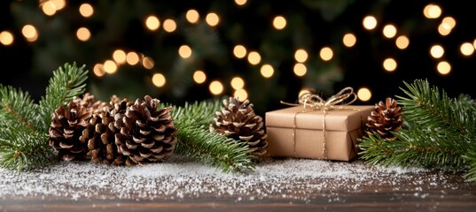 Festive Christmas Scene with Gift Box and Pinecones Decorative Elements
