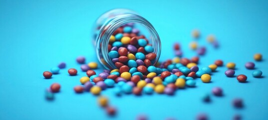 Colorful Candy Spill in Glass Jar on Bright Blue Background
