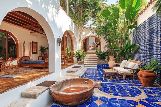 Sun-drenched Mediterranean courtyard with blue tile flooring, wooden furniture, arched doorways, lush tropical plants, and a large wooden basin - Powered by Adobe