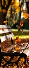 Autumn Leaves Falling on Park Bench Surrounded by Nature's Beauty