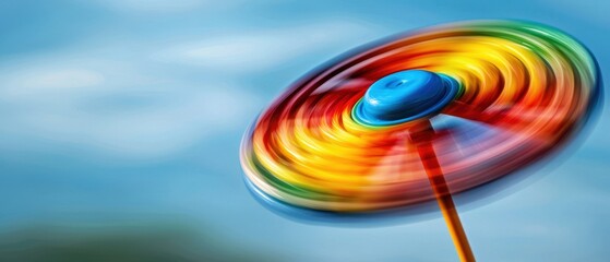 Vibrant Spinning Toy with Colorful Swirls Against Blue Sky Background