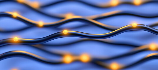 Abstract Close-Up of Wavy Lines with Glowing Lights on Blue Background