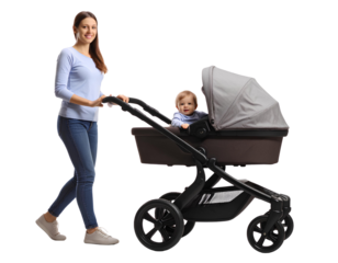 A woman pushing a stroller with a child seated inside, walking on a sunny day isolated on transparent background.