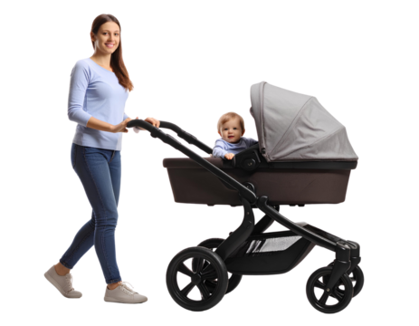 A woman pushing a stroller with a child seated inside, walking on a sunny day isolated on transparent background.