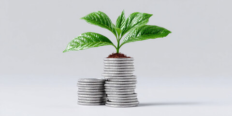 Plant sprouting from stacked coins symbolizes financial growth, investment success, and sustainable economic development