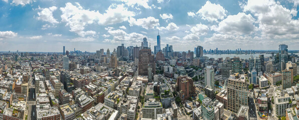 Aerial city scape of skyscraper buildings SoHo Manhattan on a sunny summer day in New York City