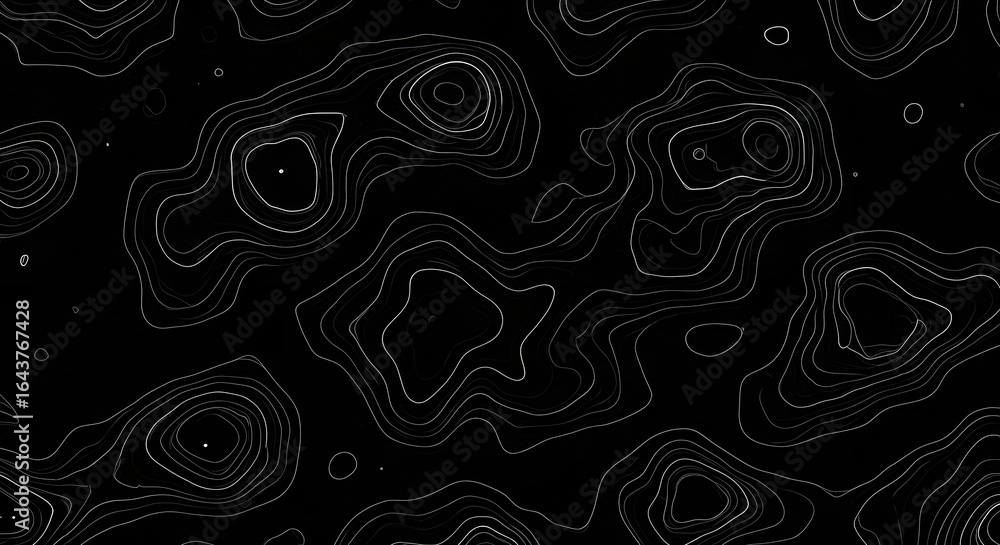 Poster abstract black background with white contour lines creating a topographic map aesthetic look and fee