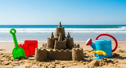 Sandcastle kingdom on a sunny beach with toys