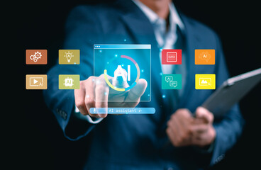 Businessman Shi went to. AI application icons for communication, search, email, and innovation, representing artificial intelligence tools enhancing productivity and business solutions.