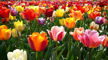 Obraz premium A vibrant field of colorful tulips in full bloom creating a beautiful floral display in the sunlight