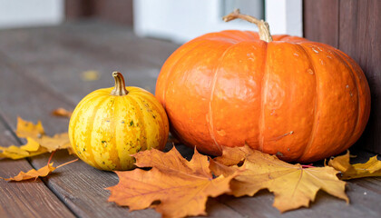 Autumn leaves and pumpkins on wooden porch. Thanksgiving decor. Farm harvest. Fall season.