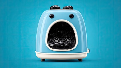 A cartoonish, light-blue toaster with a wide-open, burnt-out mouth