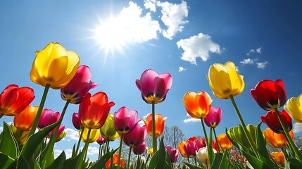 Fototapeta premium A vibrant field of tulips reaching towards a bright sun and a clear blue sky with fluffy clouds