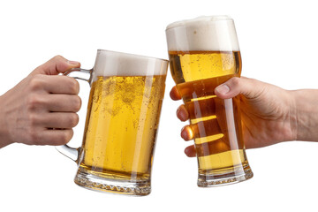 Hands holding beer mugs making a toast, golden lager with bubbles and foam, white background.  Oktoberfest, toast, cheers, drinking culture.