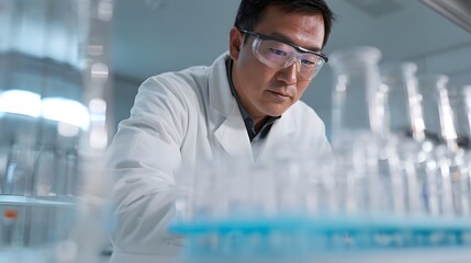 A male scientist East Asian features wearing a lab coat and safety goggles Analyzing water samples in a mobile ocean lab. Minimalist interior with glass vials, digital instruments, and soft lighting 